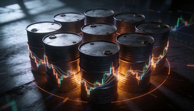 Glowing oil barrels casting warm underglow with holographic trading charts and reflections