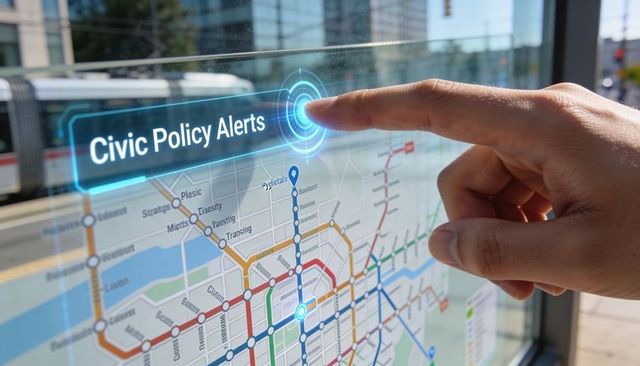 Tapping smart transit map on glass display activating civic policy alerts