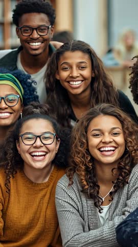Vertical video of friends smiling and posing in collaborative study with bookshelf backdrop
