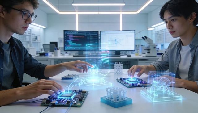 Engineers using ar holograms to prototype pcbs and hardware collaboration in modern lab