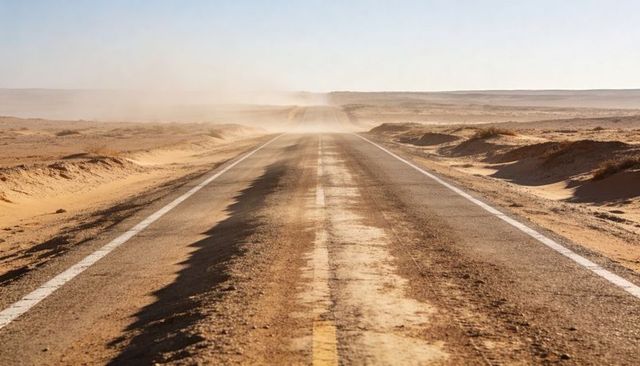 Endless desert highway stretching to dusty horizon with sand-drifted asphalt