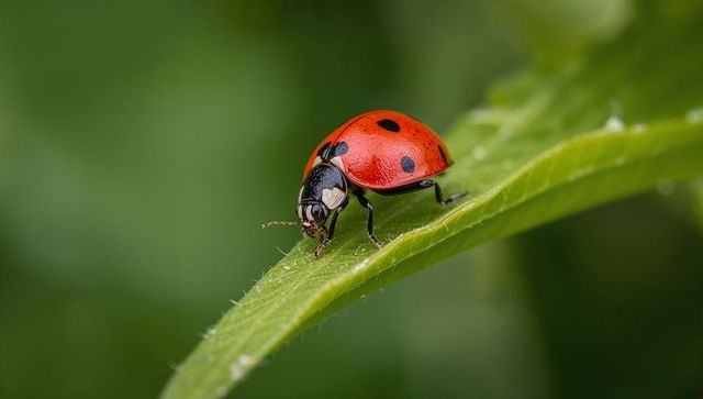 Red ladybug crawling along green leaf edge macro closeup with soft bokeh background fine detail