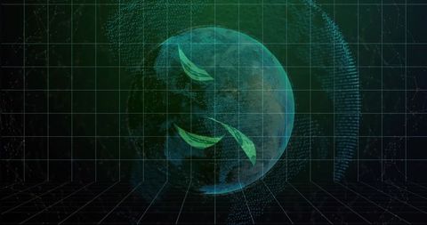 Digital sphere with green orbits on futuristic interface