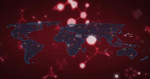 Futuristic Wireframe World Map on Red Digital Background