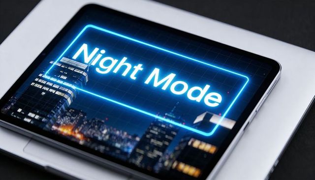 Neon night mode ui on tablet over laptop with city skyline glow for tech mockup