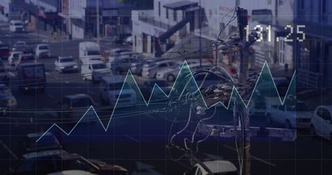 Utility pole and urban traffic with financial graph overlay showing energy price trend