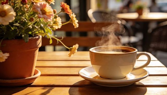 Steaming coffee cup on sunlit wooden table with terracotta daisies in outdoor cafe