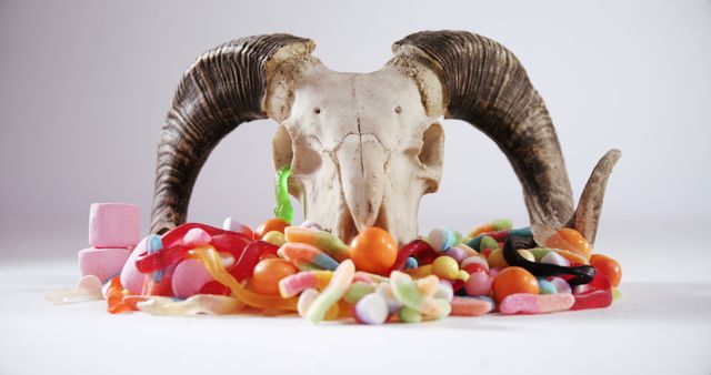Goat skull surrounded by a variety of colorful candies including gummy bears, marshmallows, and gumdrops on a white surface. This combination of eerie and sugary elements can be used for Halloween-themed projects, art installations, conceptual work, advertisements, or as a metaphor for contrast between life and death.
