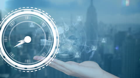 Digital Interface with Clock and Globe over Cityscape Background