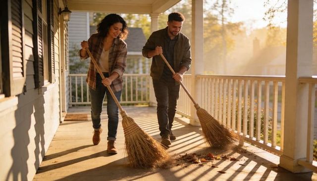 Young couple sweeping autumn porch at golden hour, sharing cozy homeowner chore together