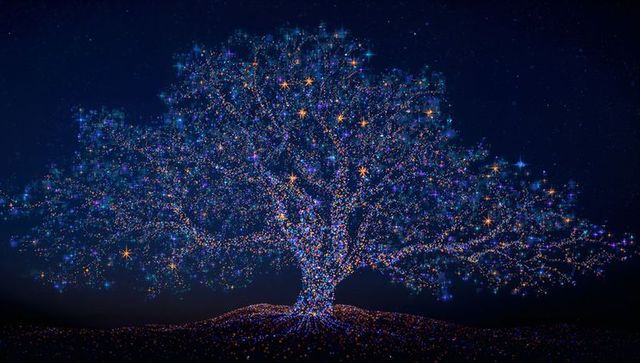 Enchanted Tree Glowing with Blue and Gold Lights, Starry Luminescent Night Canopy