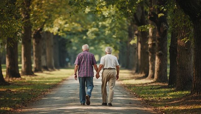 Two senior men holding hands walking down sunlit tree-lined park lane, companion stroll