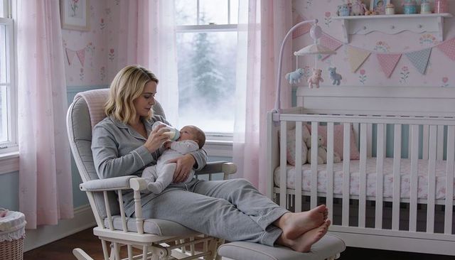 Cradling and bottle-feeding newborn in cozy pastel nursery with crib mobile