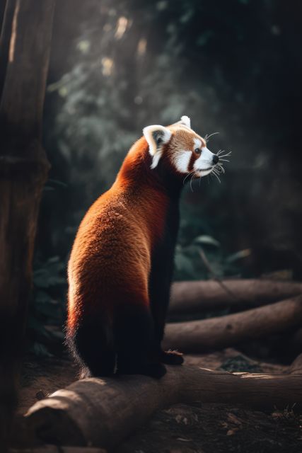 Red panda sitting on a wooden log in a forest, beautifully posing with light streaming through the trees. Ideal for use in wildlife conservation campaigns, educational materials, nature photography collections, and animal storybooks.