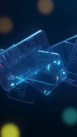 Translucent Cuboid Cluster Rotating in 3D with Neon Prismatic Glints Vertical Loop