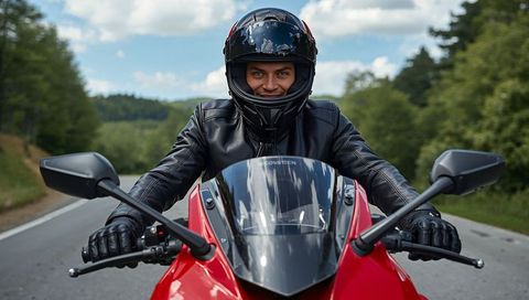Smiling man riding red sport motorcycle on rural road wearing black helmet leather jacket