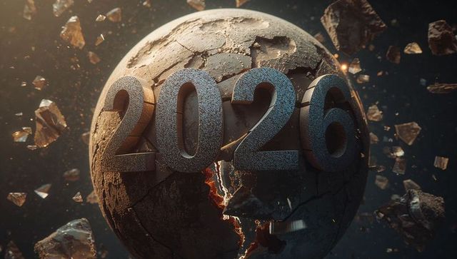 2026 metallic numerals on cracked magma planet rotating in space cinematic concept