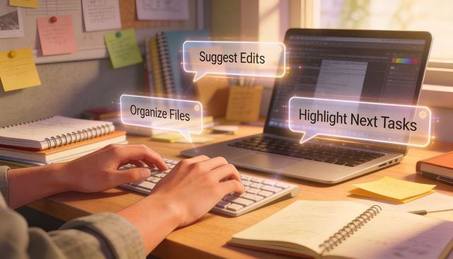 Hands typing on compact keyboard at home desk with laptop, ai task labels, productivity