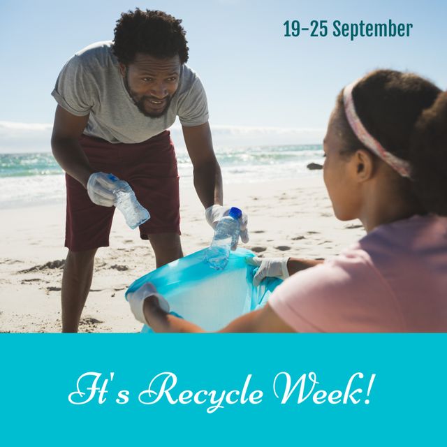 Digital composite image of multiracial volunteers picking garbage at beach, recycle week text. Celebration, promote benefits of recycling, raise awareness, environment conservation, responsibility.