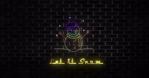 Neon snowman with 'let it snow' text on dark brick wall