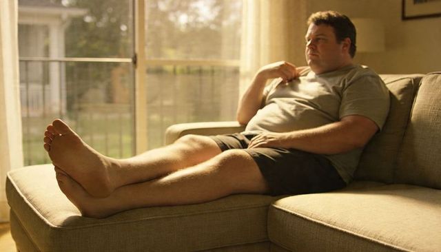 Midlife man relaxing barefoot on chaise in sunlit living room near glass door