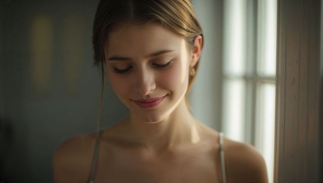 Soft-lit contemplative woman gazing by window wearing thin-strap top, warm portrait