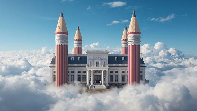 Whimsical neoclassical mansion above clouds