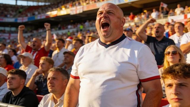 Passionate fan shouting and cheering in packed stadium crowd during live football match