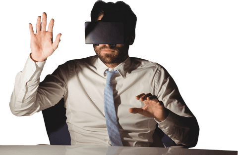 Caucasian businessman using virtual reality headset transparent background