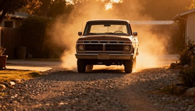 Vintage pickup driving through golden dust on gravel driveway at sunset retro americana