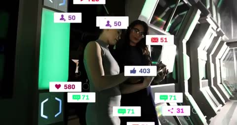 Two Women Analyzing Social Media Metrics in Futuristic Environment