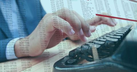 Typing businessman entering data on keyboard with phone keypad overlay for analytics