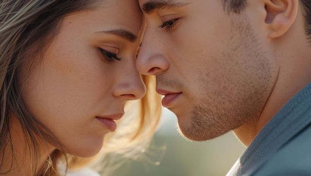 Intimate forehead touch romantic couple leaning close in golden hour backlight soft warm light