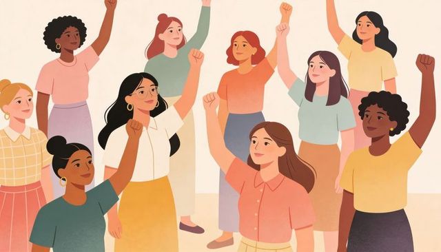 Diverse women raising fists in unity pastel illustration for empowerment and community