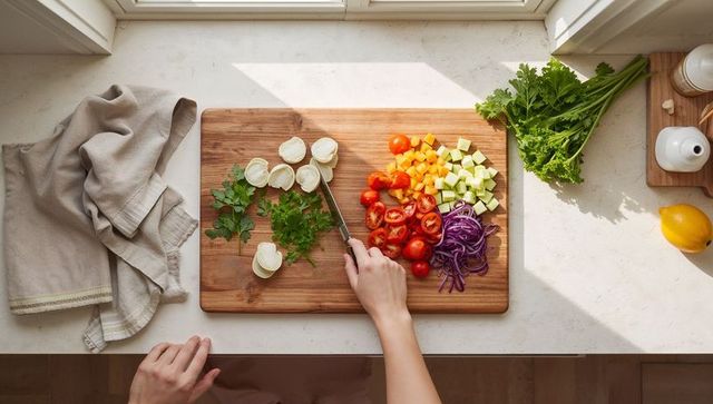 Sunlit kitchen: chopping fresh herbs and colorful vegetables on wooden cutting board