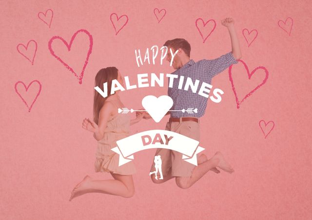 Joyful Couple Leaping with Valentine's Day Hearts - Download Free Stock Templates Pikwizard.com