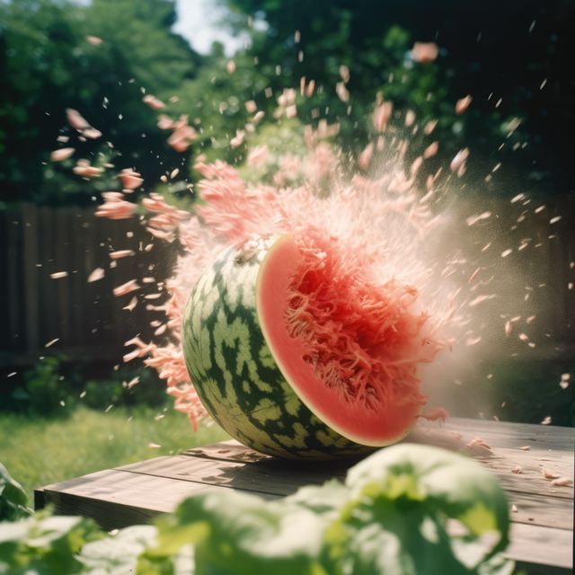 This high-speed action shot captures a watermelon exploding mid-air in an outdoor setting, with pieces flying in all directions. The vibrant greenery in the background adds to the dynamic feel of the scene. Ideal for use in advertisements, creative projects, or editorial content aimed at showcasing dynamic motion or adventurous themes.