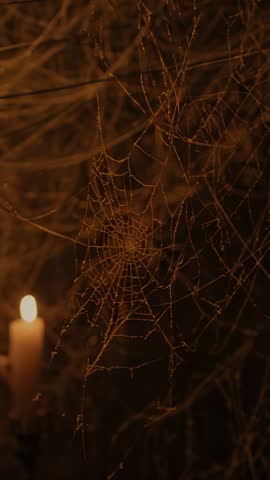 Flickering Candlelight Revealing Orb Spider Web While Camera Panning Through Dark Corner