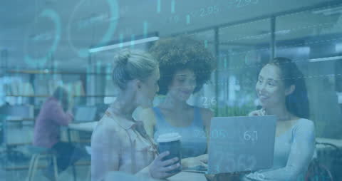 Diverse Team Discussing Financial Strategies Overlaid with Data Graphics