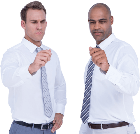 Transparent businessmen gesturing with focused expression