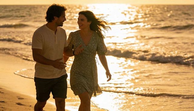 Walking couple chatting and smiling on sunlit beach at golden hour, romantic seaside stroll