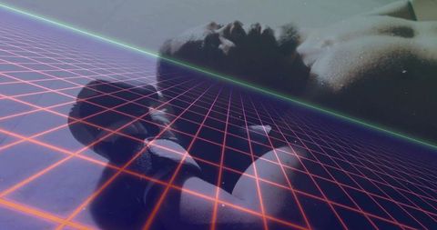 Futuristic model lying on cyber neon grid with laser