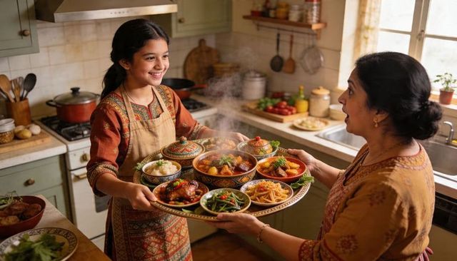 Indian girl handing steaming platter of traditional dishes to mother in kitchen