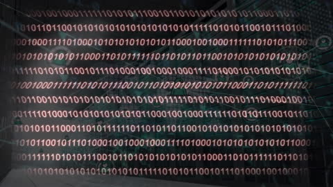 Animated Binary Code Over Server Racks