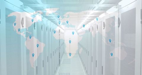 Global Network Concept with Servers and World Map Overlay