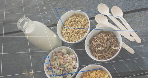 Flatlay breakfast bowls with milk bottle, wooden spoons and ar calibration overlay