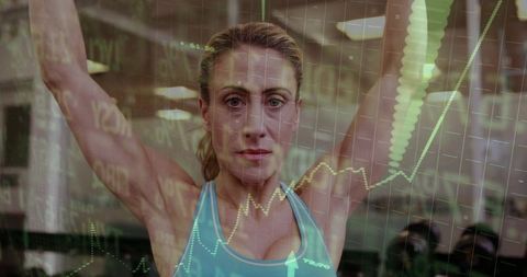 Female athlete lifting overhead bar with rising chart overlay symbolizing strength growth