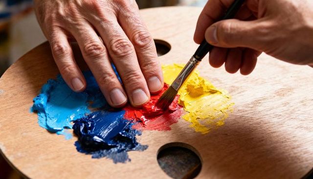 Steadying hands picking up red paint on wooden palette with round brush, impasto color