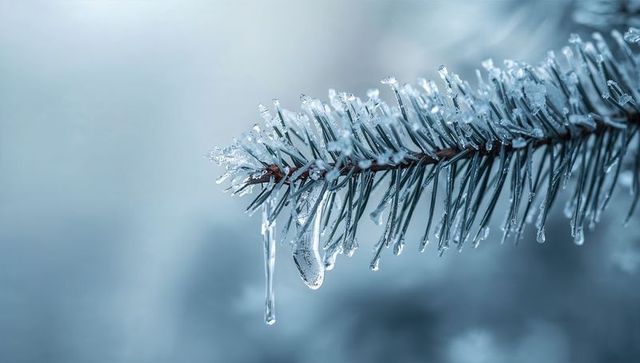 Frosted conifer branch with crystalline icicles and glistening needles winter macro closeup