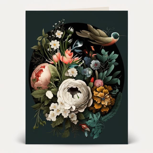 A beautiful illustration featuring an array of flowers with detailed petals and vibrant colors, set against a dark background. A hummingbird hovers nearby, adding a touch of nature and whimsy to the composition. Ideal for prints, greeting cards, wall art, or any project needing an elegant and sophisticated botanical influence.